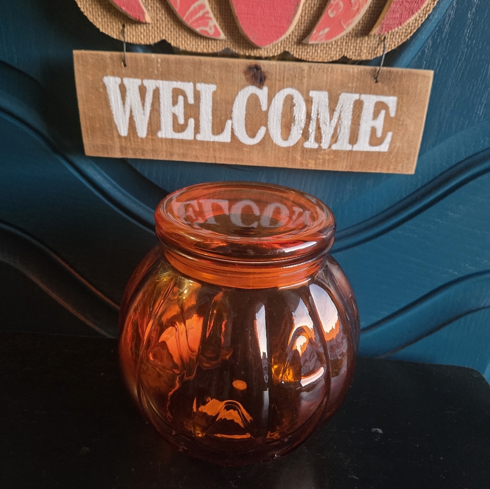 Large Translucent Orange Glass Pumpkin w Impressed Jack O Lantern Face w Lid